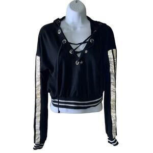 Nadia Cropped Vintage Sweatshirt Women M Drawstring Vneck Hooded Casual Pullover